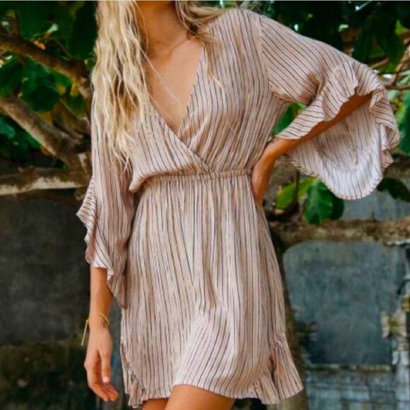 Billabong Love Light Striped Mini Babydoll Dress Earth S - Picture 2 of 6